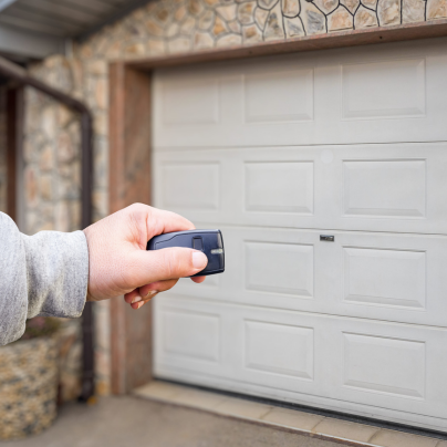 Greensboro security key fob pointing to a garage door