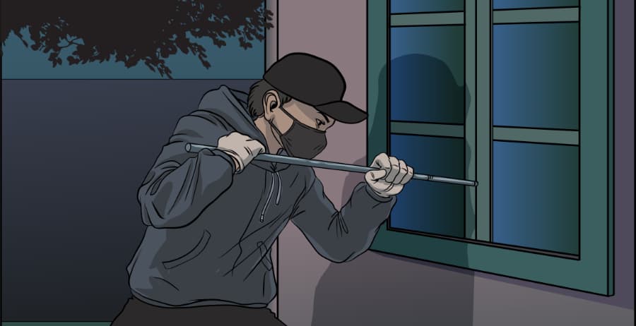 Illustration of burglar forcing entry through a window in Greensboro